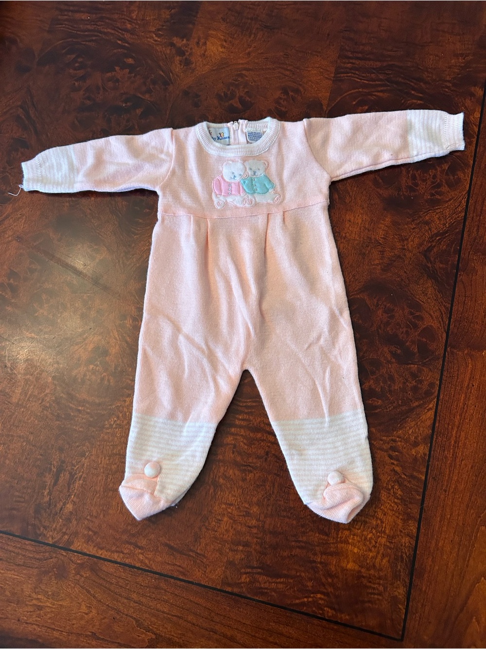 vintage baby kisses baby girl pink sleeper bears 3-6 months knit